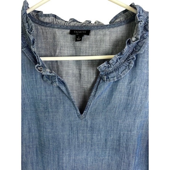 Talbots‎ Easy Blue Denim Chambray Cotton Ruffle Neck Sleeveless Dress Size Small - Picture 2 of 8